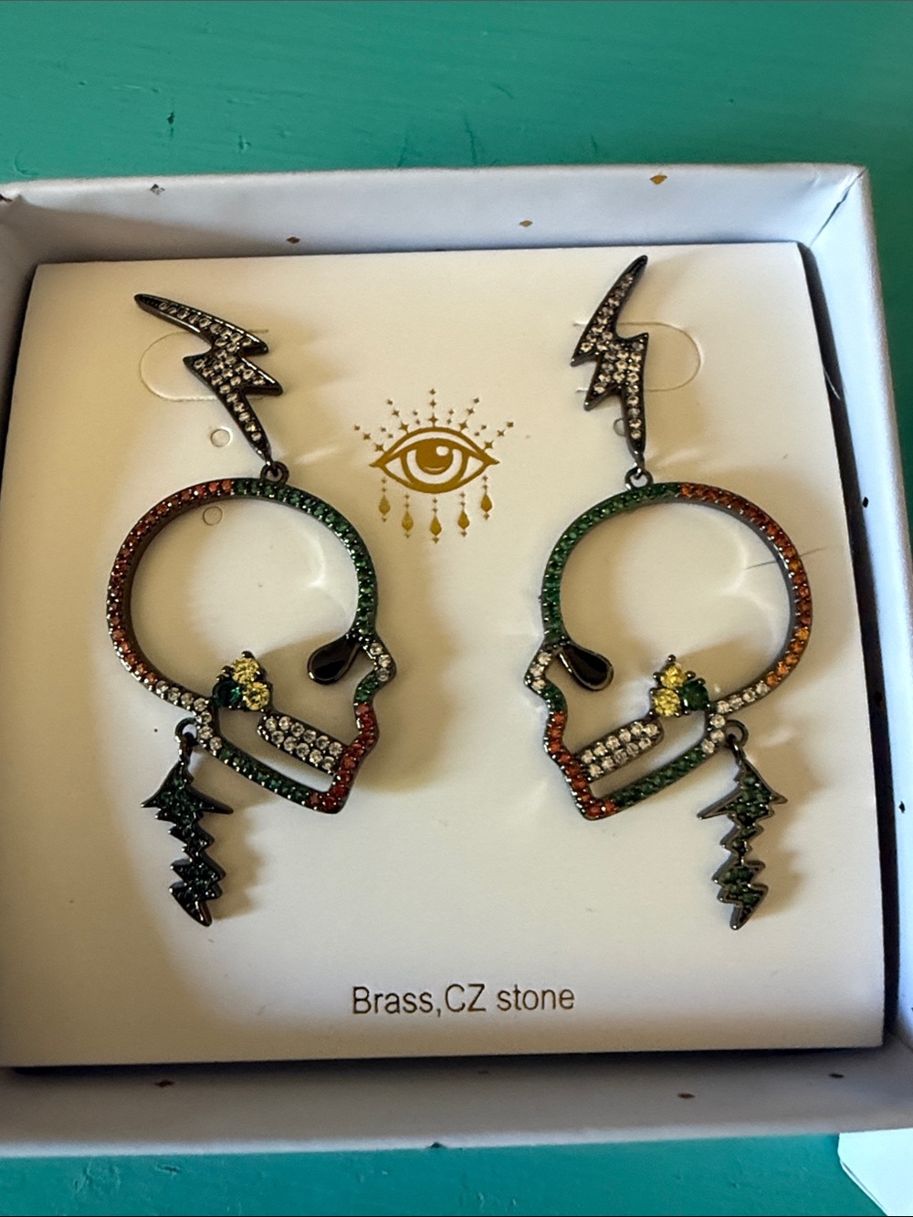 NIB Crystal Skull Lightning Bolt Drop Earrings - Multicolor CZ Orange and Teal